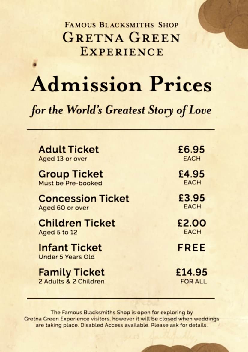 Gretna Green Experience Price List - February 2024
